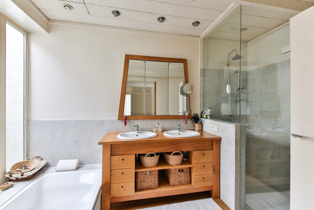 bathroom, wood furniture, shower
